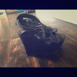 Express Patent Leather Snakeskin Wedges